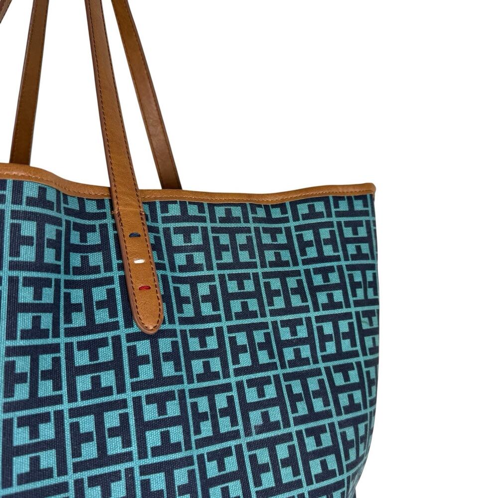 Tommy Hilfiger Bag Tote Large Blue Teal Logo Canvas Leather Preppy Resortwear - Picture 7 of 16